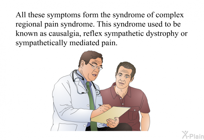 All these symptoms form the syndrome of complex regional pain syndrome. This syndrome used to be known as causalgia, reflex sympathetic dystrophy or sympathetically mediated pain.