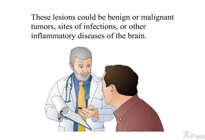 These lesions could be benign or malignant tumors, sites of infections, or other inflammatory diseases of the brain.