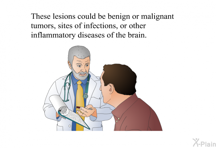 These lesions could be benign or malignant tumors, sites of infections, or other inflammatory diseases of the brain.