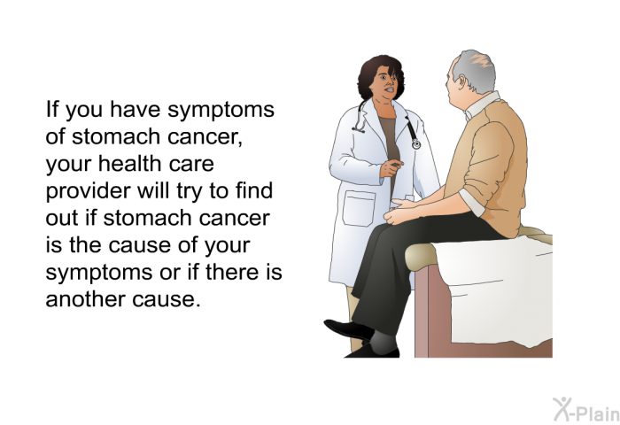 If you have symptoms of stomach cancer, your health care provider will try to find out if stomach cancer is the cause of your symptoms or if there is another cause.