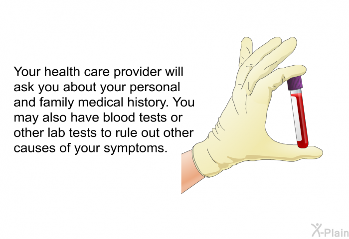 Your health care provider will ask you about your personal and family medical history. You may also have blood tests or other lab tests to rule out other causes of your symptoms.