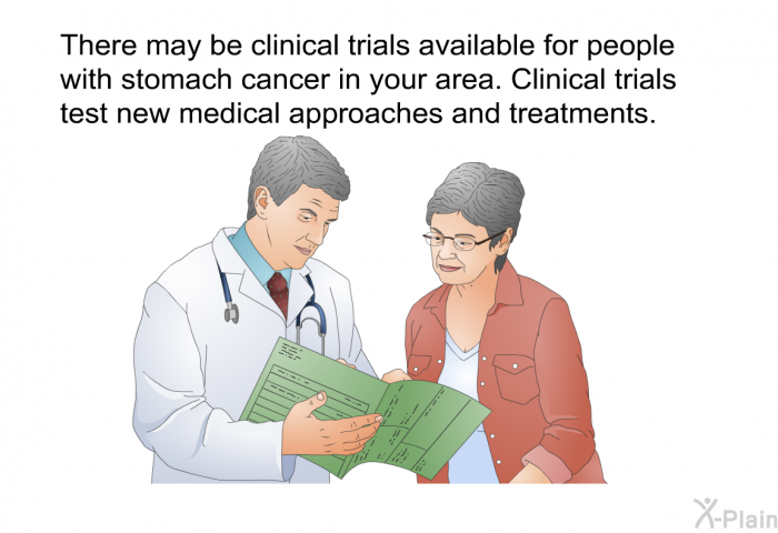 There may be clinical trials available for people with stomach cancer in your area. Clinical trials test new medical approaches and treatments.