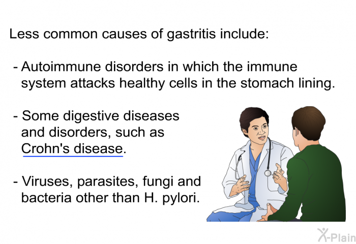 Less common causes of gastritis include:  Autoimmune disorders in which the immune system attacks healthy cells in the stomach lining. Some digestive diseases and disorders, such as Crohn's disease. Viruses, parasites, fungi and bacteria other than H. pylori.