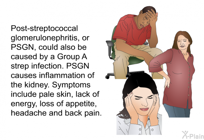 Post-streptococcal glomerulonephritis, or PSGN, could also be caused by a Group A strep infection. PSGN causes inflammation of the kidney. Symptoms include pale skin, lack of energy, loss of appetite, headache and back pain.
