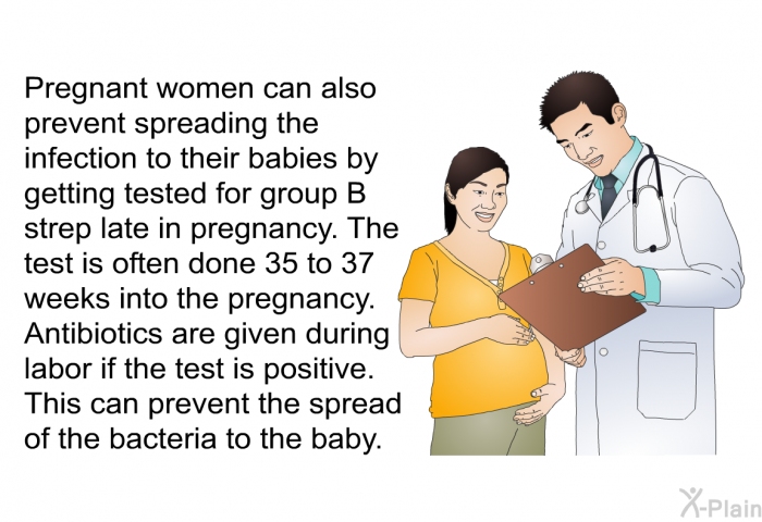 Pregnant women can also prevent spreading the infection to their babies by getting tested for group B strep late in pregnancy. The test is often done 35 to 37 weeks into the pregnancy. Antibiotics are given during labor if the test is positive. This can prevent the spread of the bacteria to the baby.