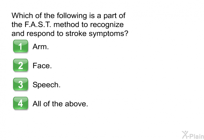 Which of the following is a part of the F.A.S.T. method to recognize and respond to stroke symptoms?  Arm. Face. Speech. All of the above.