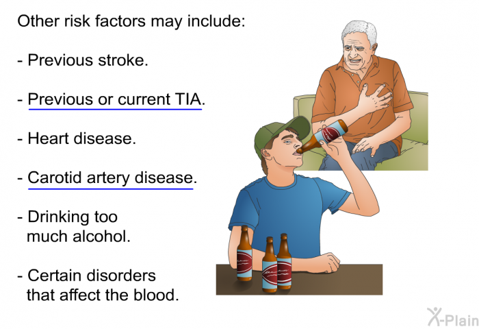 Other risk factors may include:  Previous stroke. Previous or current TIA. Heart disease. Carotid artery disease. Drinking too much alcohol. Certain disorders that affect the blood.