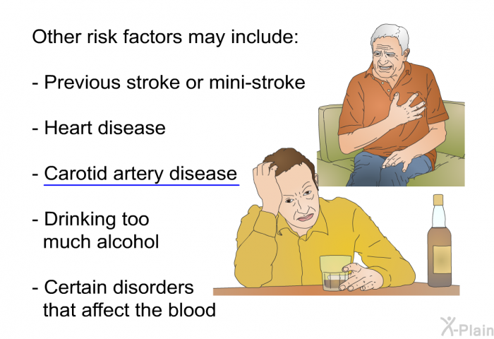 Other risk factors may include:  Previous stroke or mini-stroke Heart disease Carotid artery disease Drinking too much alcohol Certain disorders that affect the blood