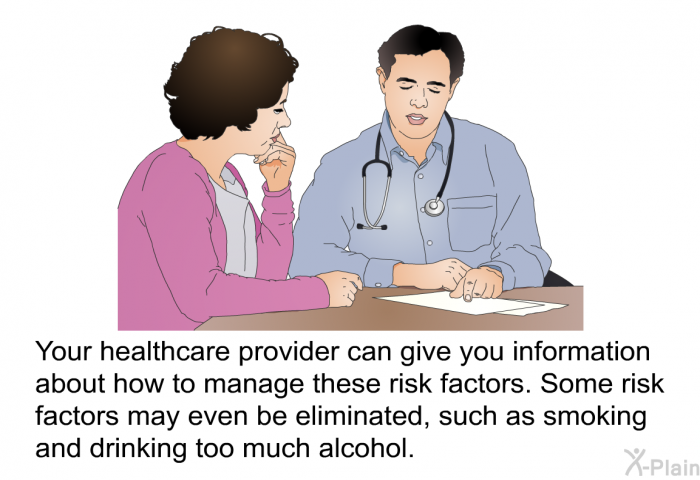Your healthcare provider can give you information about how to manage these risk factors. Some risk factors may even be eliminated, such as smoking and drinking too much alcohol.