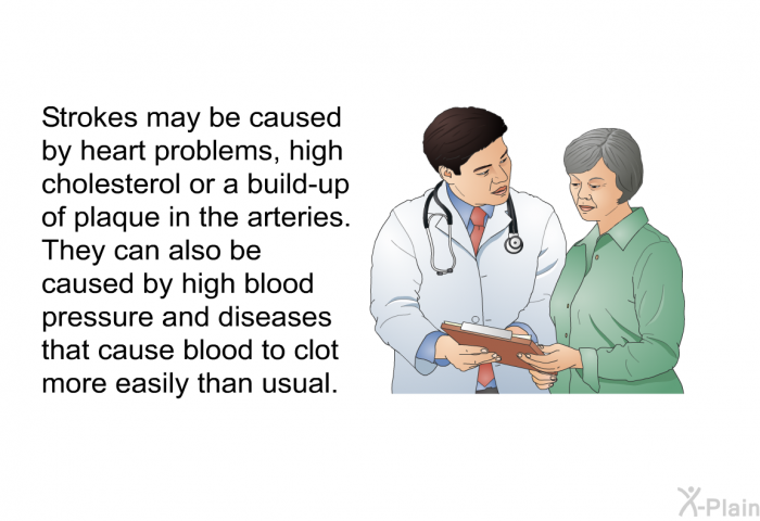 Strokes may be caused by heart problems, high cholesterol or a build-up of plaque in the arteries. They can also be caused by high blood pressure and diseases that cause blood to clot more easily than usual.