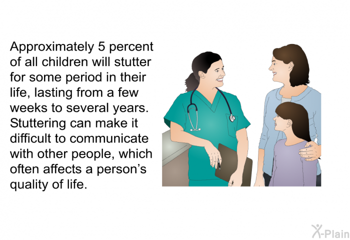 Approximately 5 percent of all children will stutter for some period in their life, lasting from a few weeks to several years. Stuttering can make it difficult to communicate with other people, which often affects a person's quality of life.