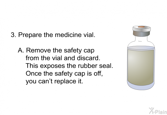 Prepare the medicine vial.   Remove the safety cap from the vial and discard. This exposes the rubber seal. Once the safety cap is off, you can’t replace it.