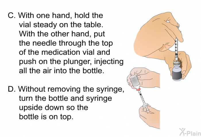 With one hand, hold the vial steady on the table. With the other hand, put the needle through the top of the medication vial and push on the plunger, injecting all the air into the bottle. Without removing the syringe, turn the bottle and syringe upside down so the bottle is on top.