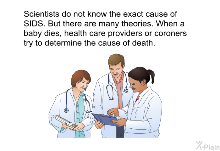 Scientists do not know the exact cause of SIDS. But there are many theories. When a baby dies, health care providers or coroners try to determine the cause of death.