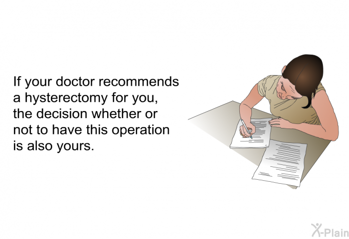 If your doctor recommends a hysterectomy for you, the decision whether or not to have this operation is also yours.