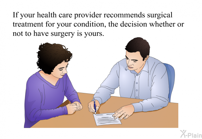 If your health care provider recommends surgical treatment for your condition, the decision whether or not to have surgery is yours.