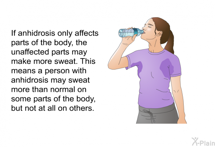 If anhidrosis only affects parts of the body, the unaffected parts may make more sweat. This means a person with anhidrosis may sweat more than normal on some parts of the body, but not at all on others.