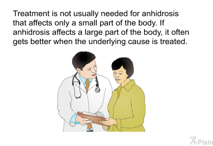 Treatment is not usually needed for anhidrosis that affects only a small part of the body. If anhidrosis affects a large part of the body, it often gets better when the underlying cause is treated.