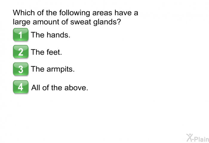 Which of the following areas have a large amount of sweat glands?  The hands. The feet. The armpits. All of the above.