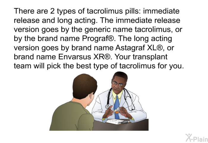 There are 2 types of tacrolimus pills: immediate release and long acting. The immediate release version goes by the generic name tacrolimus, or by the brand name Prograf<SUP> </SUP>. The long acting version goes by brand name Astagraf XL<SUP> </SUP>, or brand name Envarsus XR<SUP> </SUP>. Your transplant team will pick the best type of tacrolimus for you.
