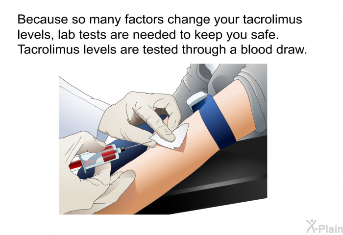 Because so many factors change your tacrolimus levels, lab tests are needed to keep you safe. Tacrolimus levels are tested through a blood draw.