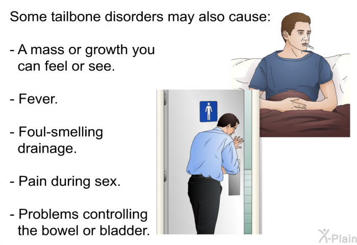 Some tailbone disorders may also cause:  A mass or growth you can feel or see. Fever. Foul-smelling drainage. Pain during sex. Problems controlling the bowel or bladder.