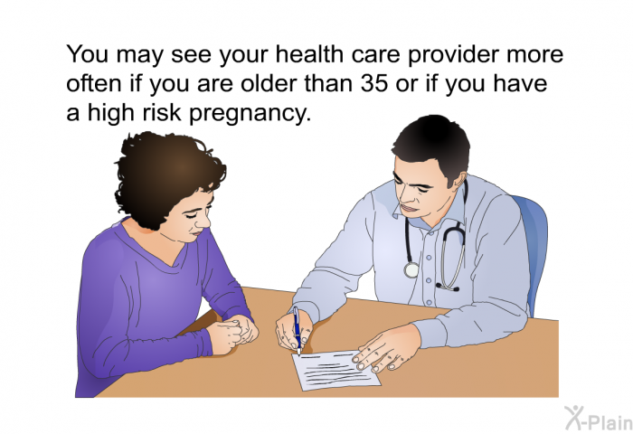 You may see your health care provider more often if you are older than 35 or if you have a high risk pregnancy.