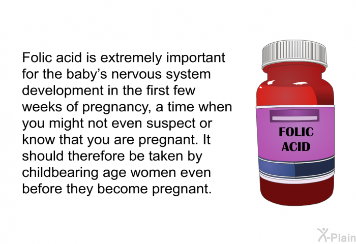 Folic acid is extremely important for the baby's nervous system development in the first few weeks of pregnancy, a time when you might not even suspect or know that you are pregnant. It should therefore be taken by childbearing age women even before they become pregnant.