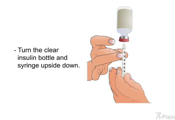 Turn the clear insulin bottle and syringe upside down.
