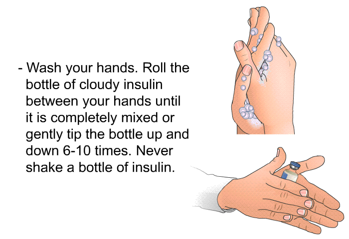 Wash your hands. Roll the bottle of cloudy insulin between your hands until it is completely mixed or gently tip the bottle up and down 6-10 times. Never shake a bottle of insulin.