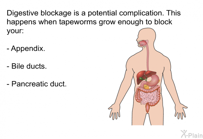 Digestive blockage is a potential complication. This happens when tapeworms grow enough to block your:  Appendix. Bile ducts. Pancreatic duct.