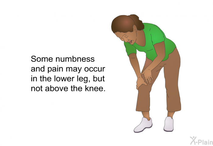 Some numbness and pain may occur in the lower leg, but not above the knee.