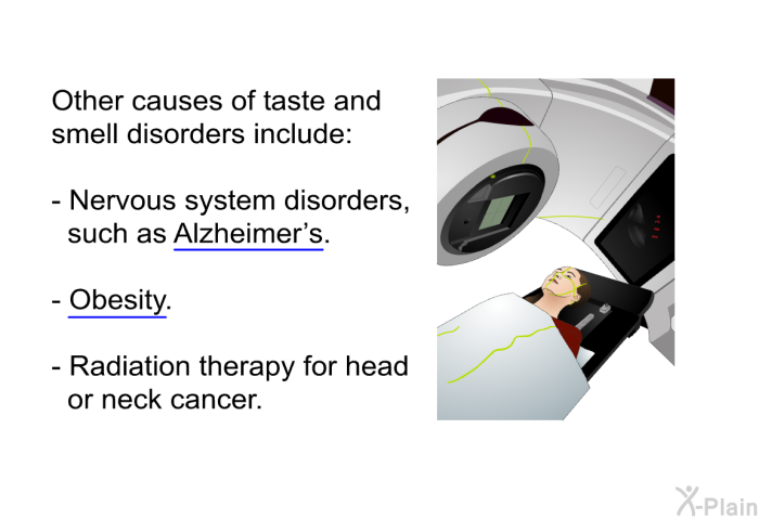 Other causes of taste and smell disorders include:  Nervous system disorders, such as Alzheimer's. Obesity. Radiation therapy for head or neck cancer.