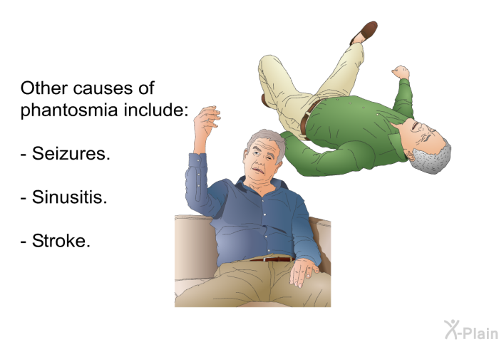 Other causes of phantosmia include:  Seizures. Sinusitis. Stroke.