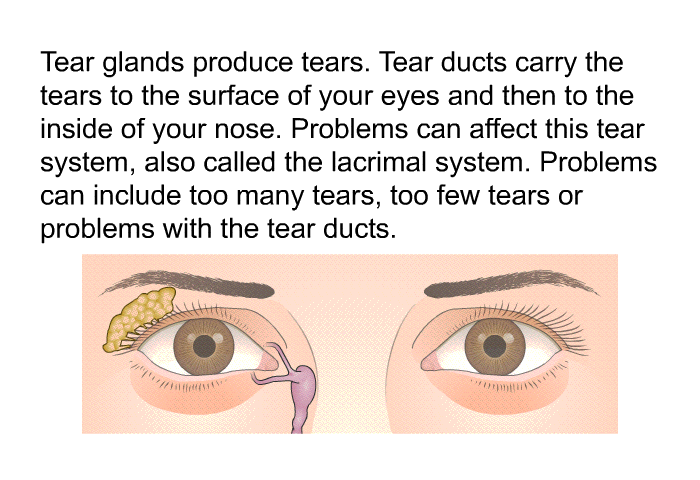 Tear glands produce tears. Tear ducts carry the tears to the surface of your eyes and then to the inside of your nose. Problems can affect this tear system, also called the lacrimal system. Problems can include too many tears, too few tears or problems with the tear ducts.
