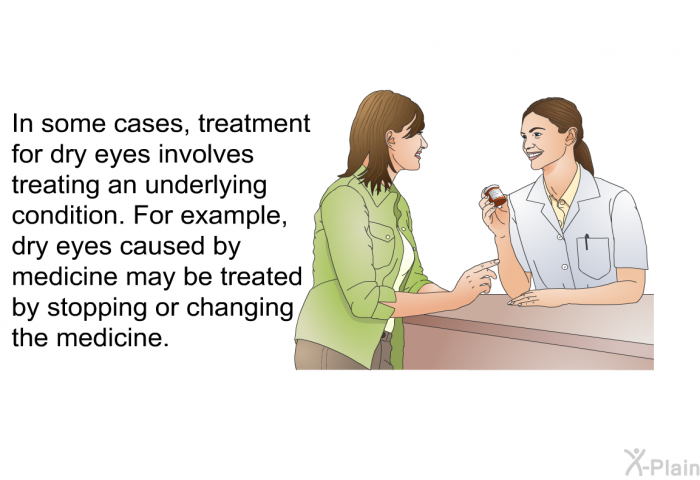 In some cases, treatment for dry eyes involves treating an underlying condition. For example, dry eyes caused by medicine may be treated by stopping or changing the medicine.