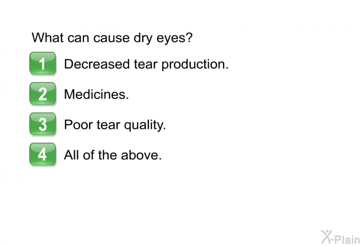 What can cause dry eyes?  Decreased tear production. Medicines. Poor tear quality. All of the above.