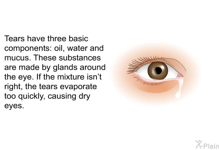 Tears have three basic components: oil, water and mucus. These substances are made by glands around the eye. If the mixture isn't right, the tears evaporate too quickly, causing dry eyes.