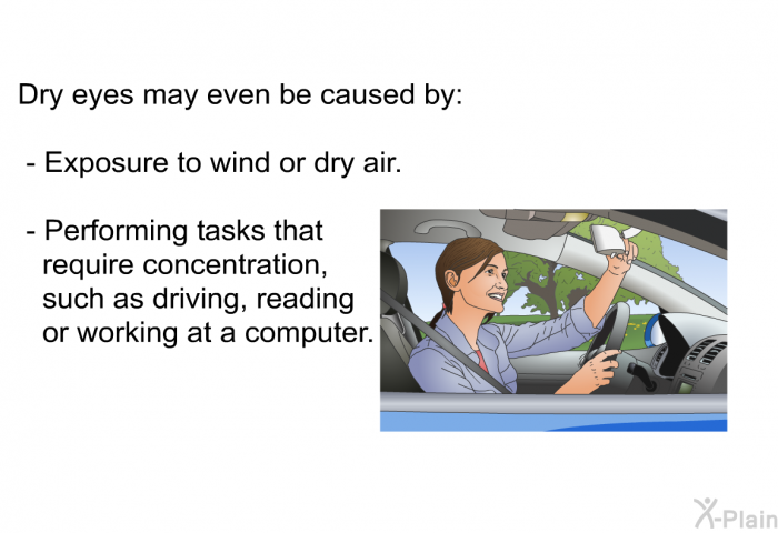 Dry eyes may even be caused by:  Exposure to wind or dry air. Performing tasks that require concentration, such as driving, reading or working at a computer.