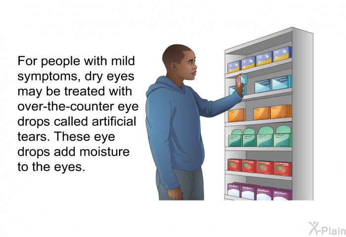 For people with mild symptoms, dry eyes may be treated with over-the-counter eye drops called artificial tears. These eye drops add moisture to the eyes.