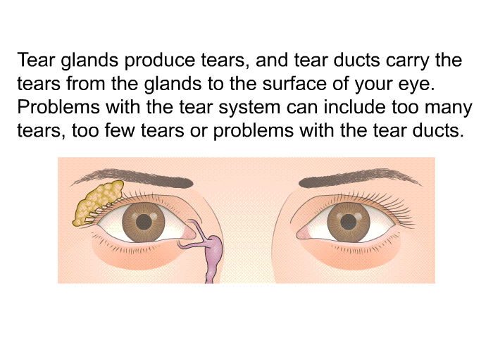 Tear glands produce tears, and tear ducts carry the tears from the glands to the surface of your eye. Problems with the tear system can include too many tears, too few tears or problems with the tear ducts.