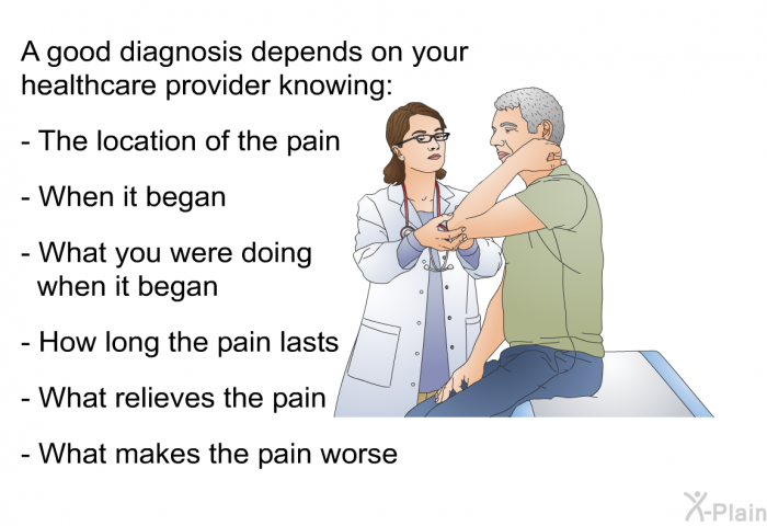A good diagnosis depends on your healthcare provider knowing:  The location of the pain When it began What you were doing when it began How long the pain lasts What relieves the pain What makes the pain worse