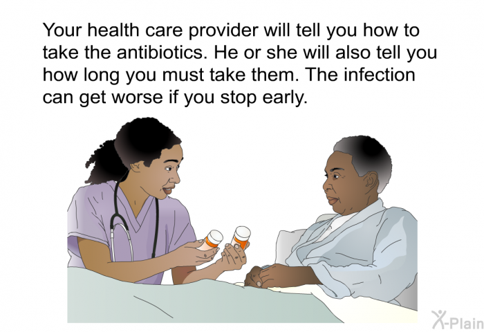 Your health care provider will tell you how to take the antibiotics. He or she will also tell you how long you must take them. The infection can get worse if you stop early.
