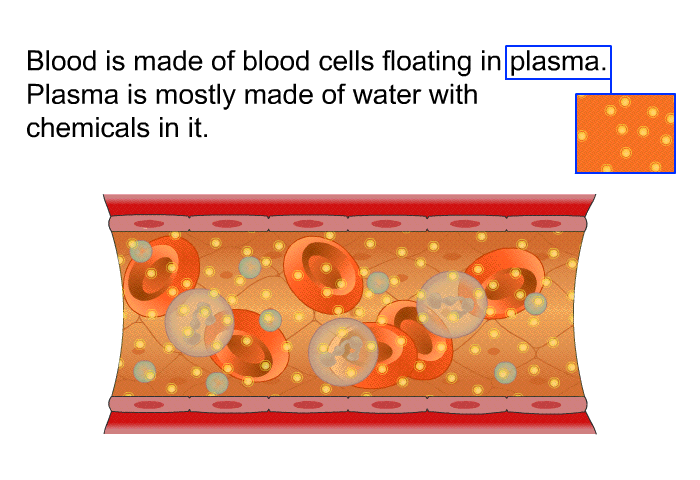 Blood is made of blood cells floating in plasma. Plasma is mostly made of water with chemicals in it.
