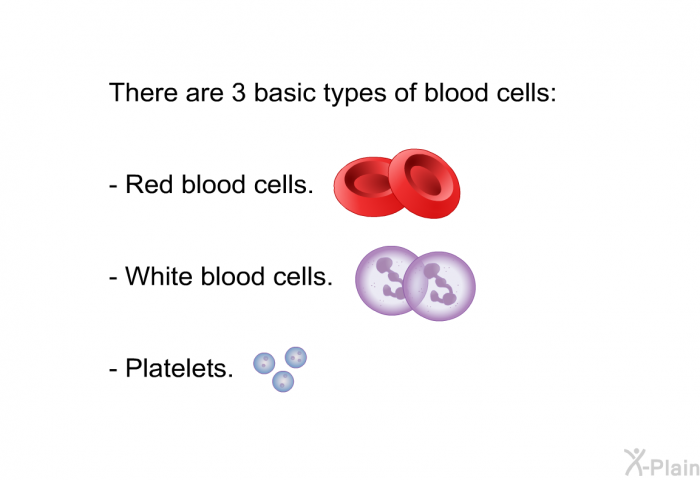There are 3 basic types of blood cells:  Red blood cells. White blood cells. Platelets.