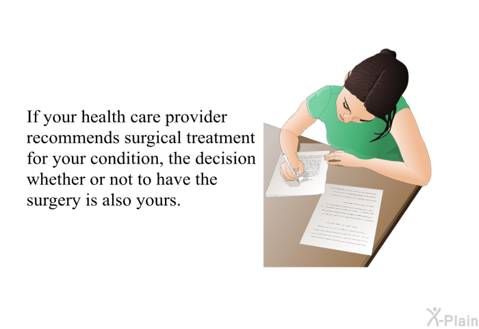 If your health care provider recommends surgical treatment for your condition, the decision whether or not to have the surgery is also yours.