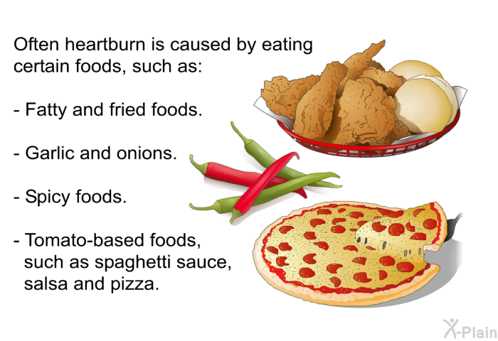 Often heartburn is caused by eating certain foods, such as:  Fatty and fried foods. Garlic and onions. Spicy foods. Tomato-based foods, such as spaghetti sauce, salsa and pizza.