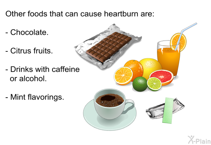 Other foods that can cause heartburn are:  Chocolate. Citrus fruits. Drinks with caffeine or alcohol. Mint flavorings.