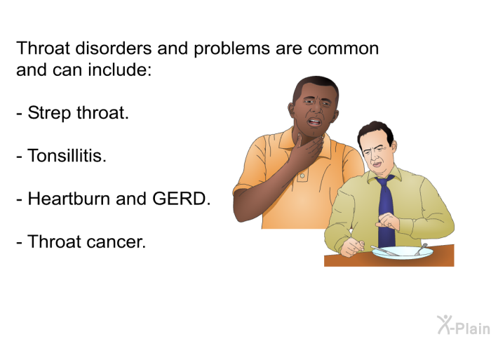 Throat disorders and problems are common and can include:  Strep throat. Tonsillitis. Heartburn and GERD. Throat cancer.