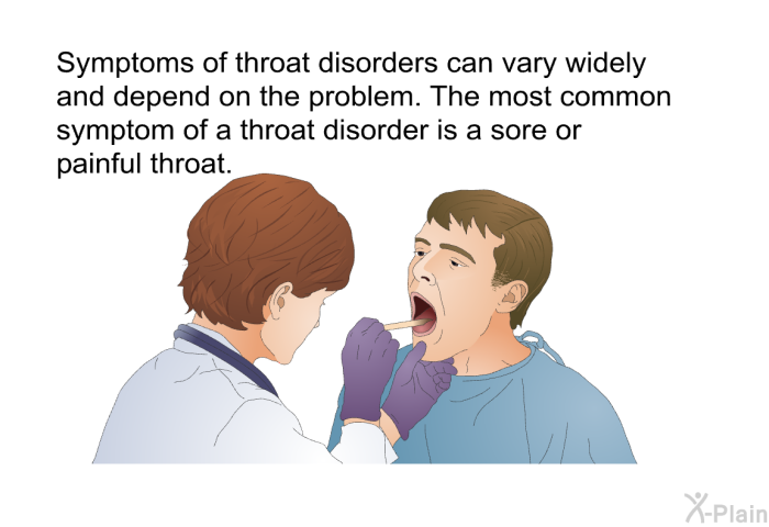 Symptoms of throat disorders can vary widely and depend on the problem. The most common symptom of a throat disorder is a sore or painful throat.